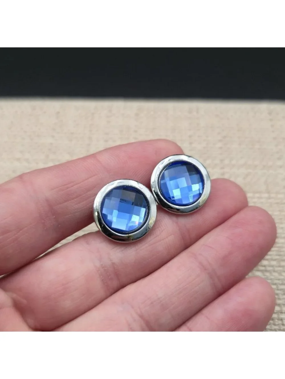 Vintage Silver Tone Faceted Blue Crystal Round Cufflinks Men's Formal Jewelry A8